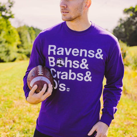 Ravens & BOHS Crabs O's Helvetica *with Natty Boh Logo* (Purple) / Long Sleeve Shirt - Small Purple