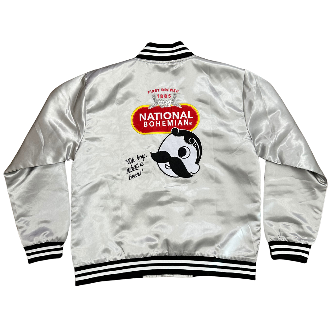 **PRE-ORDER** Natty Boh Satin Jacket (Silver) - Varsity Jacket (Estimated Ship Date: 11/15)