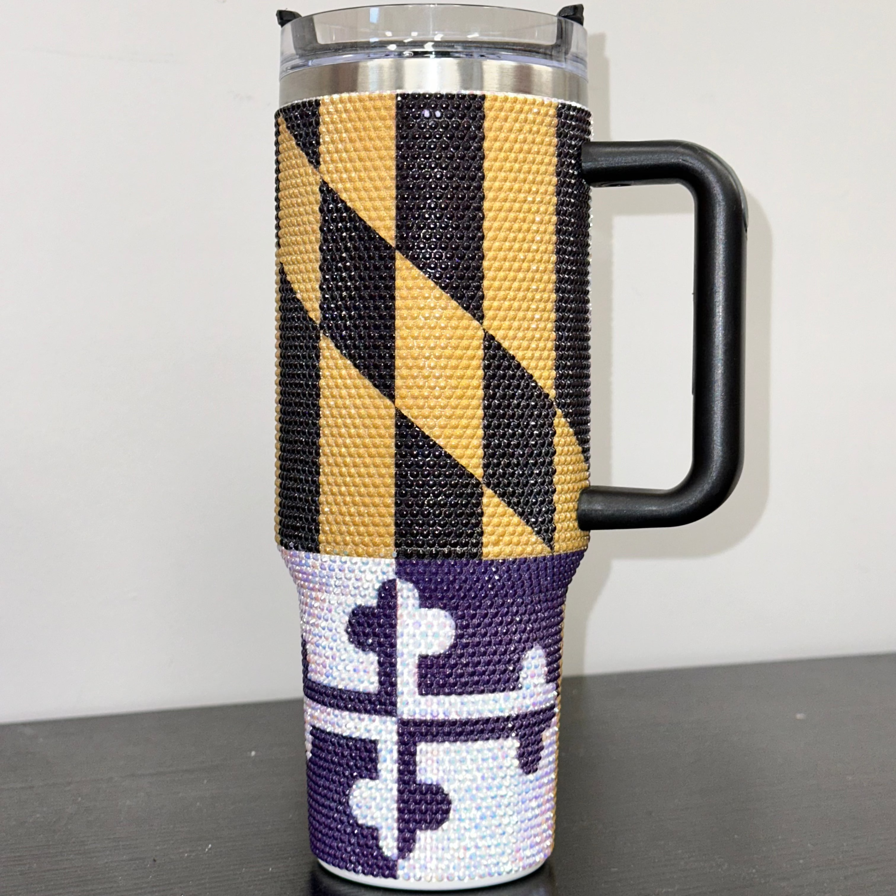 **PRE-ORDER** Purple Rhinestone Maryland Flag / 40 oz Tumbler with Handle (Estimated Ship Date: 12/28/2024)