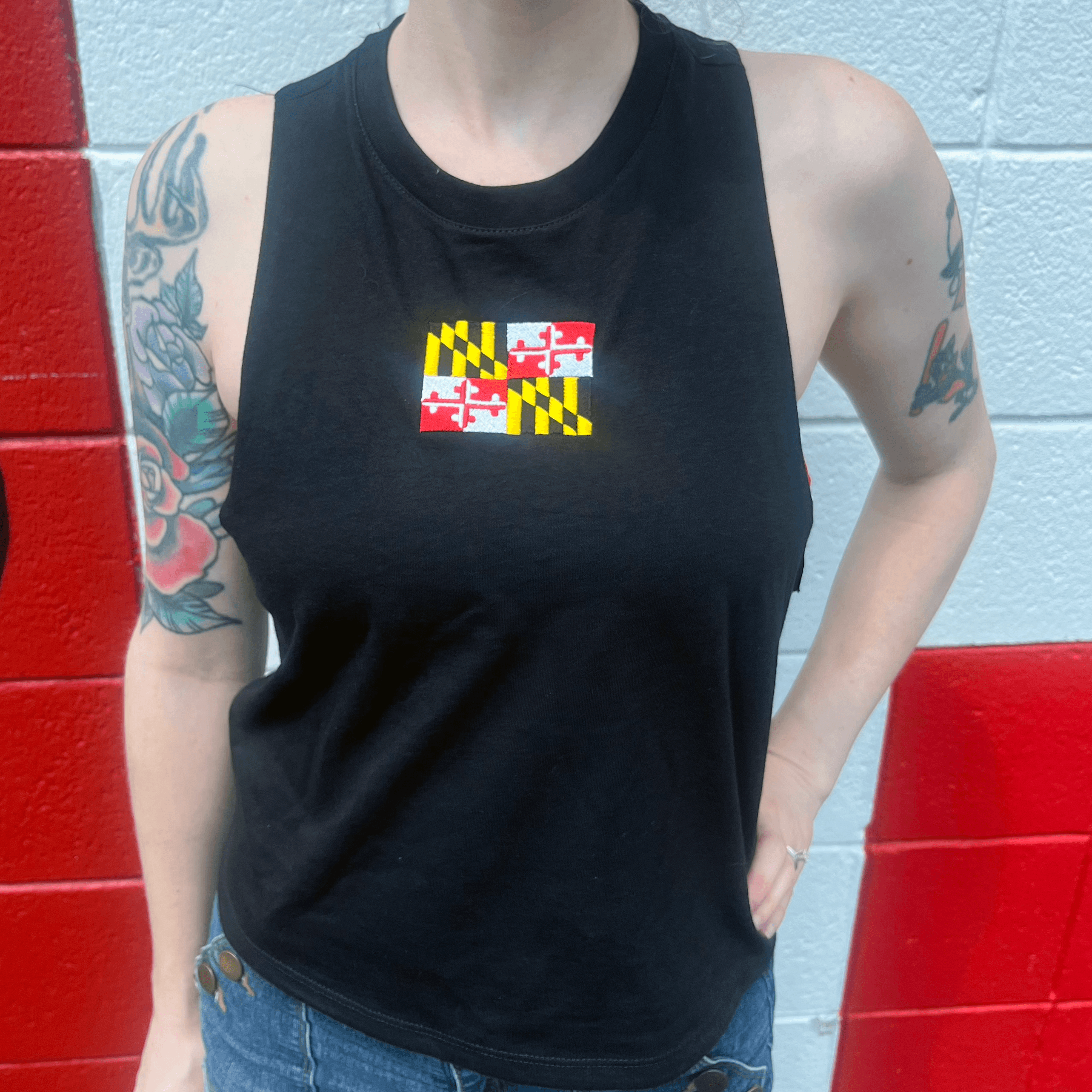 Maryland Flag Embroidered (Black) / Ladies Crop Tank