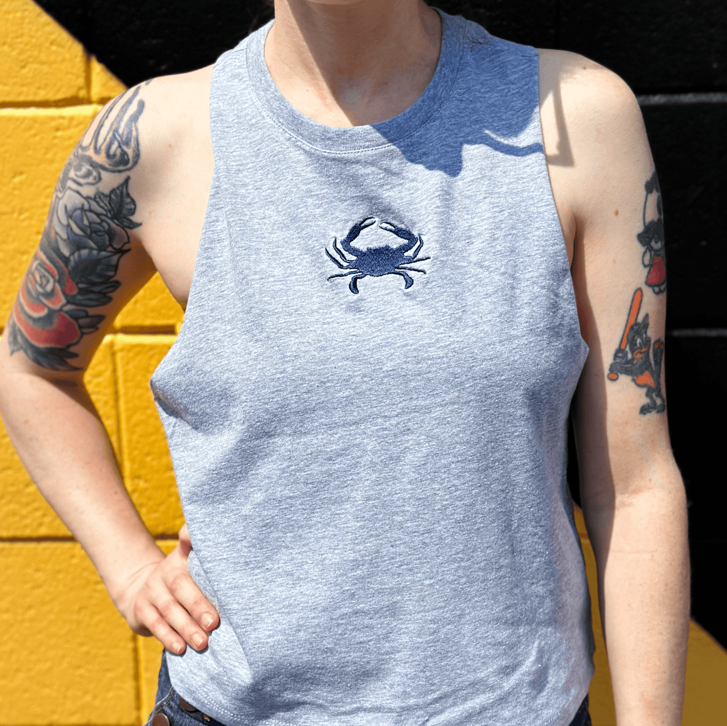 Blue Crab Embroidered (Grey) / Ladies Crop Tank