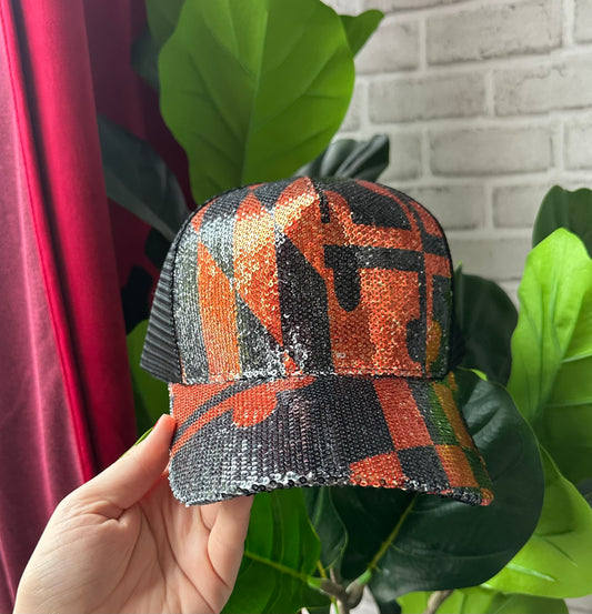 Orange & Black Maryland Flag / Sequin Trucker Hat