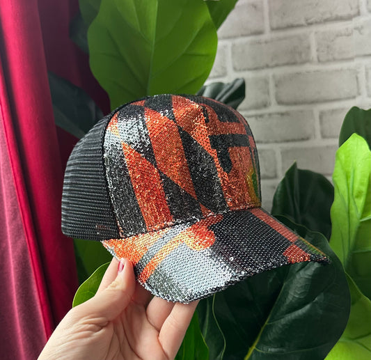 Orange & Black Maryland Flag / Sequin Trucker Hat