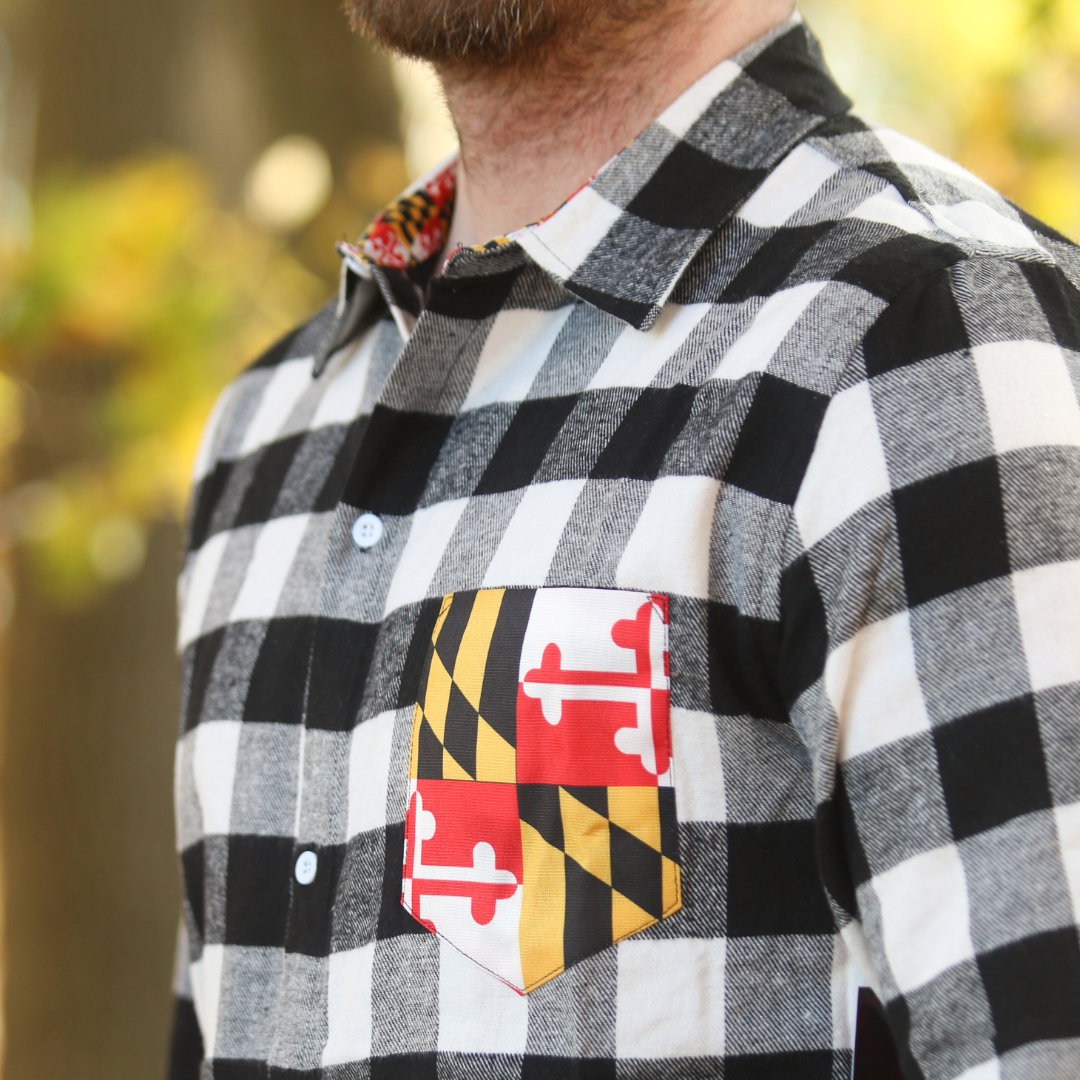 White & Black Flannel w/ Maryland Flag Colored Pocket / Flannel Long Sleeve  Shirt