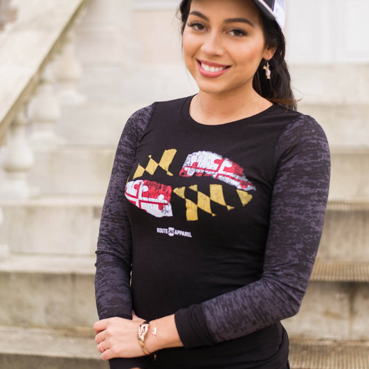 Maryland Kiss (Black) / Ladies Burnout Long Sleeve Shirt - Route One Apparel