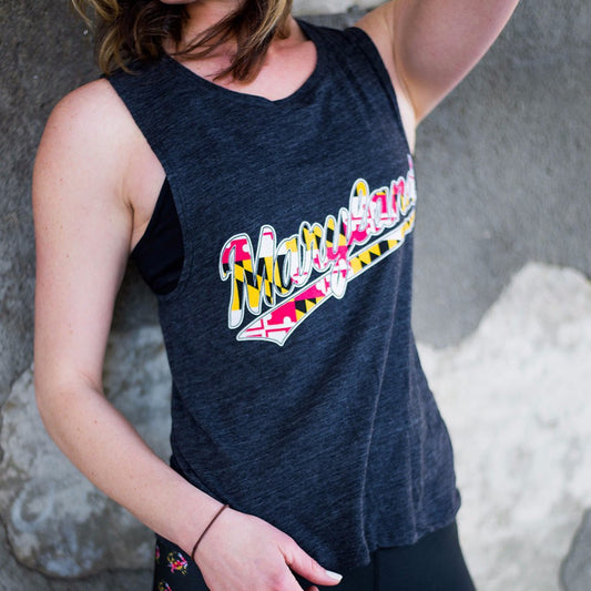 "Maryland" Jersey Script with Maryland Flag (Black Slub) / Ladies Flowy Scoop Muscle Tank - Route One Apparel