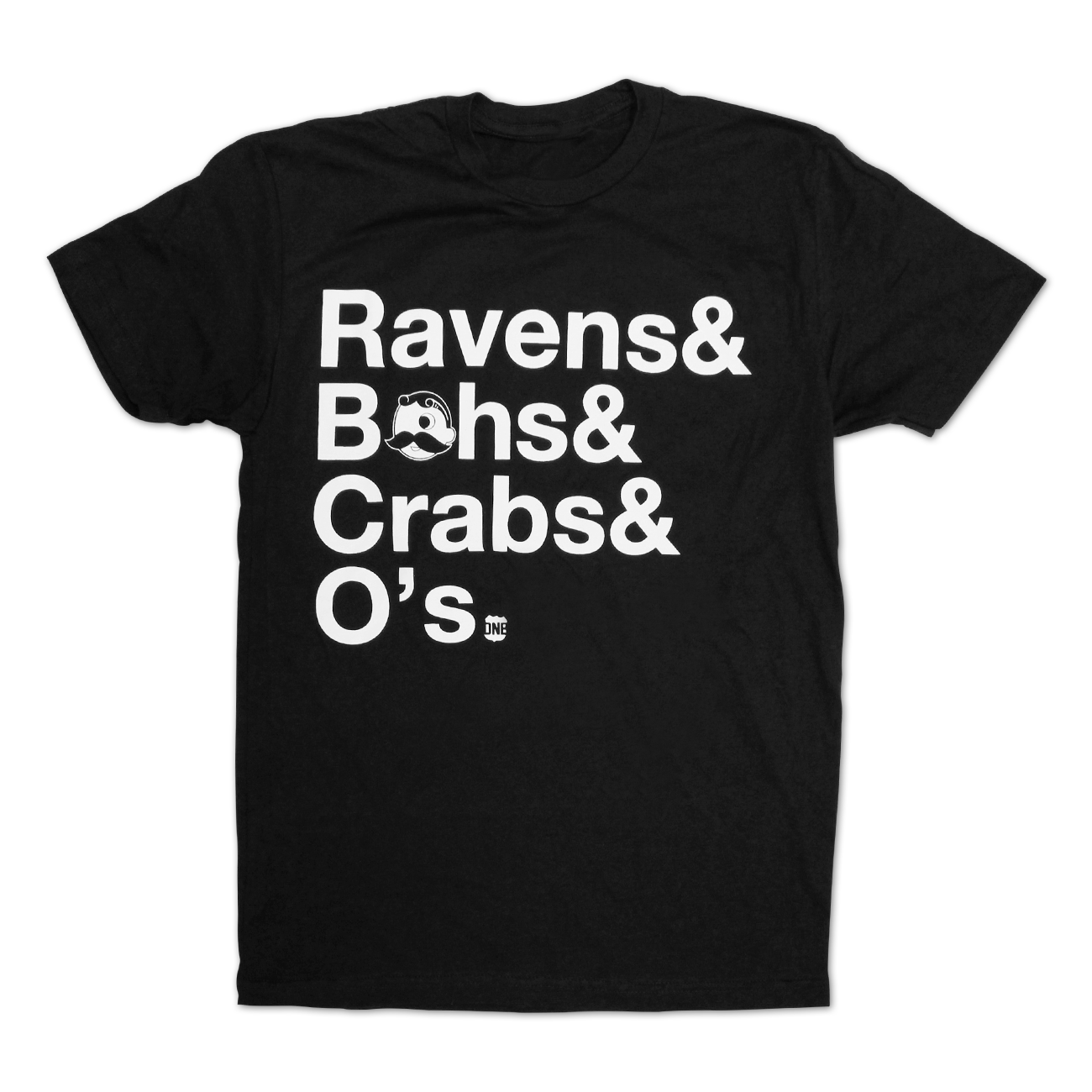 Route One Apparel, Ravens & Bohs & Crabs & O's Helvetica with Natty BOH  Logo Shirt, Unisex, Cotton/Polyester, Multiple Sizes (Black, Small)