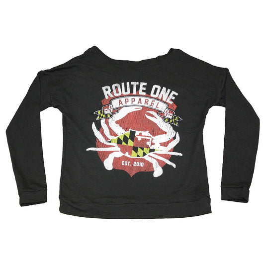 Route One Apparel Classic Flag & Crab (Black) / Ladies Long-Sleeve Scoop Shirt - Route One Apparel