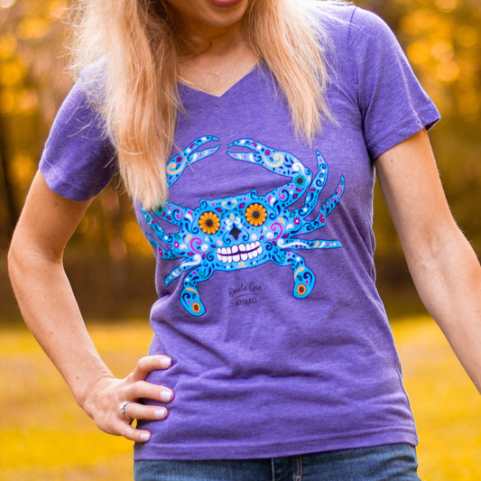 Sugar Skull Crab (Vintage Purple) / Ladies V-Neck Shirt - Route One Apparel