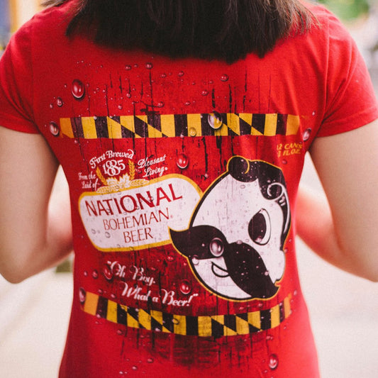 National Bohemian Logo w/ Calvert Stripes (Red) / Ladies V-Neck Shirt - Route One Apparel