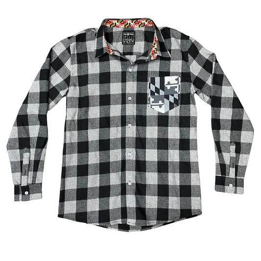 White & Black Flannel w/ Maryland Flag Colored Pocket / Flannel Long Sleeve  Shirt