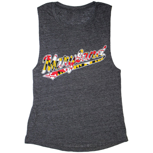 "Maryland" Jersey Script with Maryland Flag (Black Slub) / Ladies Flowy Scoop Muscle Tank - Route One Apparel