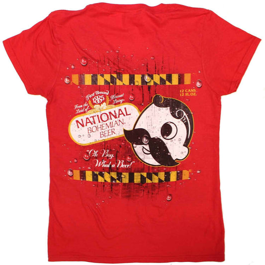 National Bohemian Logo w/ Calvert Stripes (Red) / Ladies V-Neck Shirt - Route One Apparel