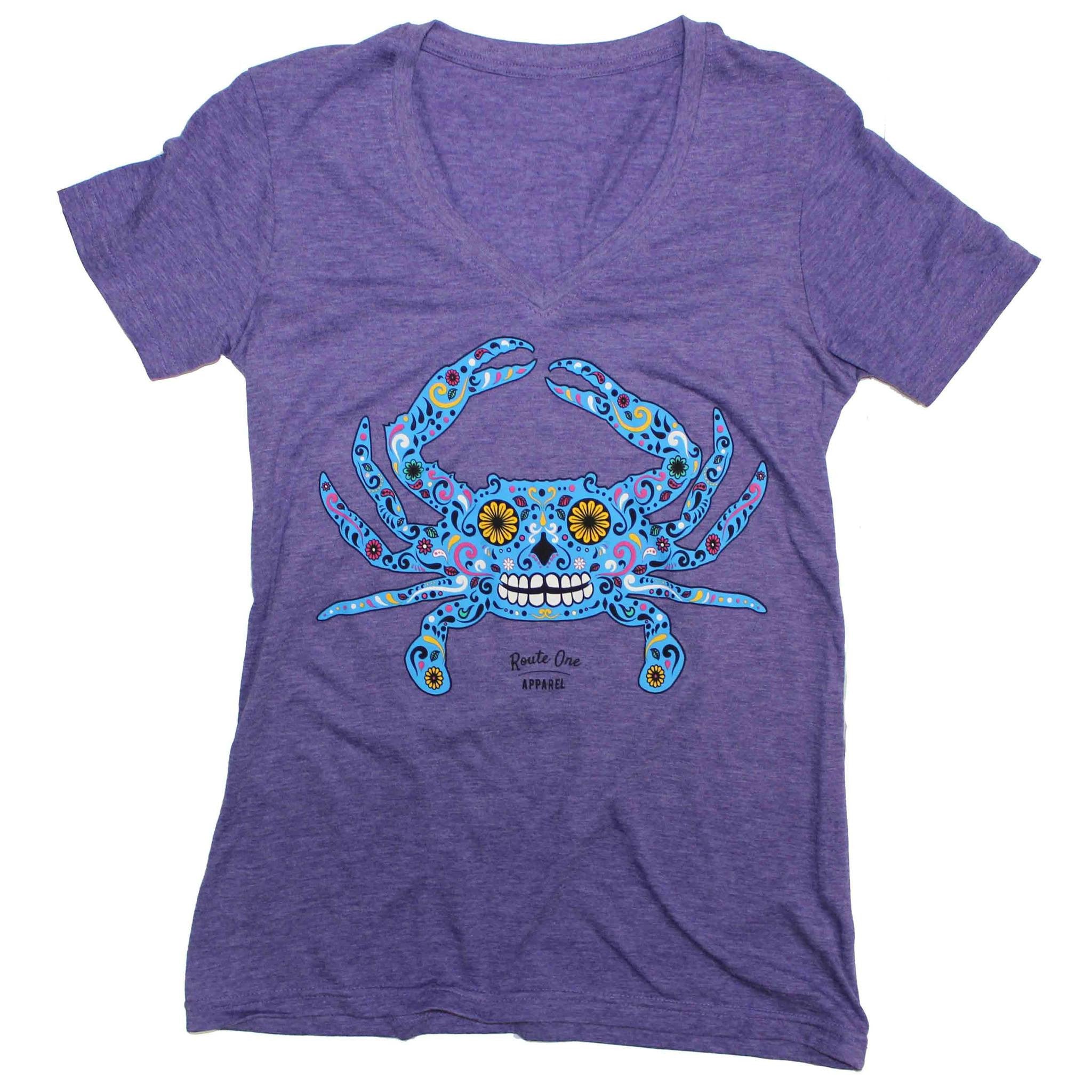 Sugar Skull Crab (Vintage Purple) / Ladies V-Neck Shirt - Route One Apparel