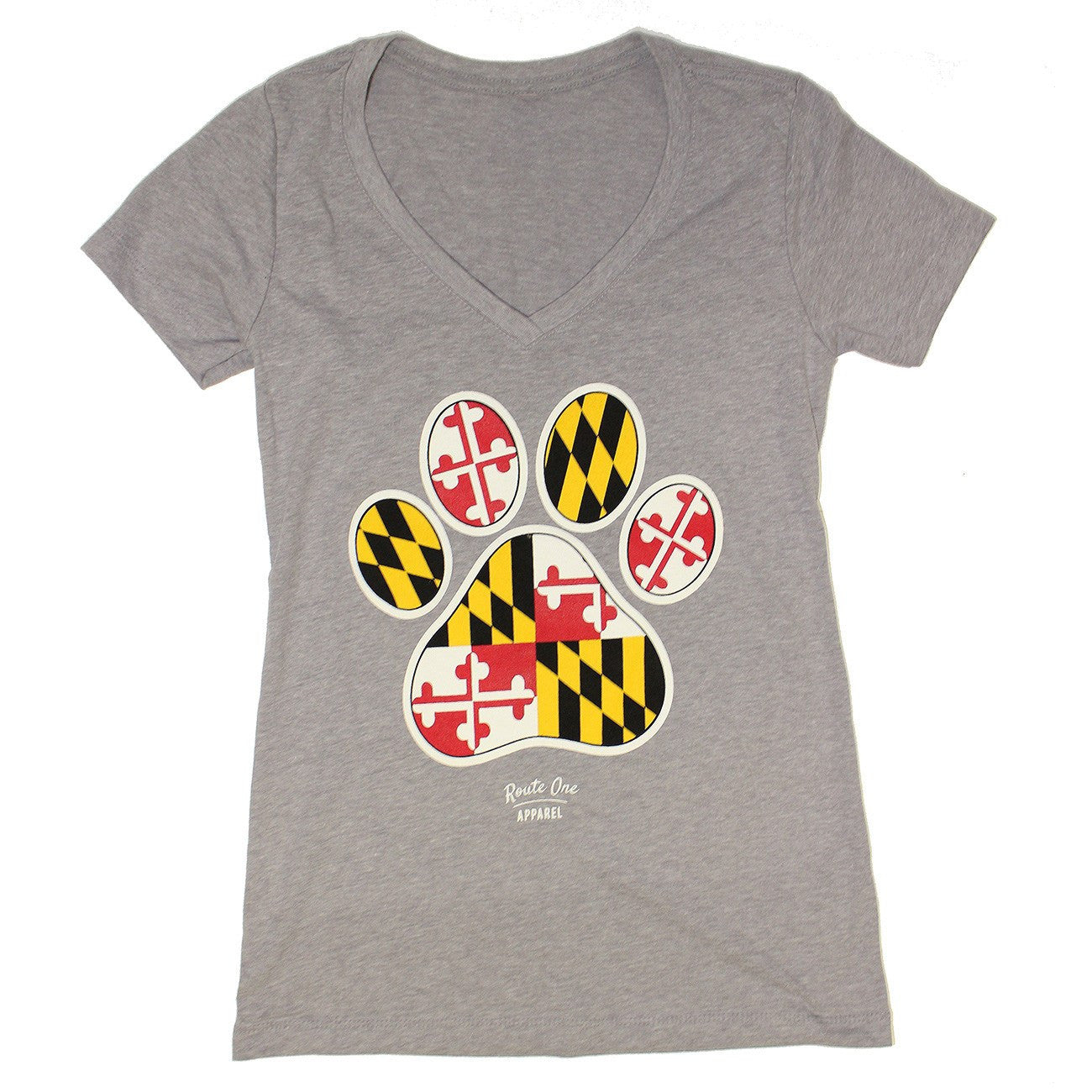 Maryland Paw Print (Grey) / Ladies V-Neck Shirt - Route One Apparel